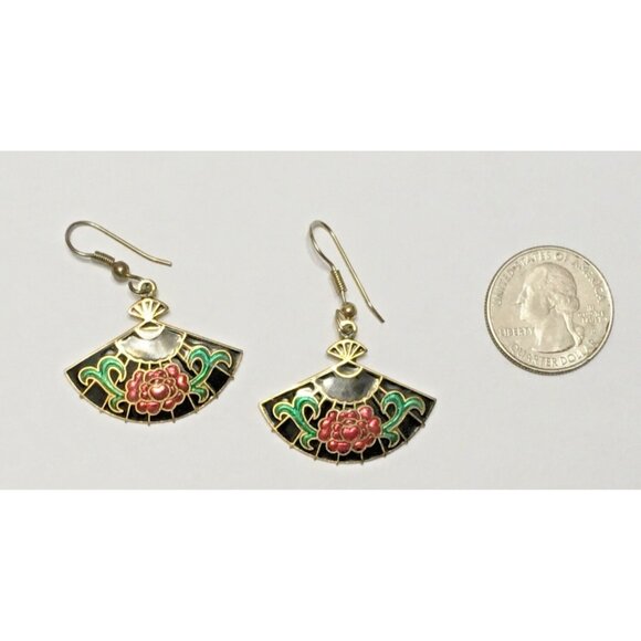 Vintage Cloisonne Fan Shape Dangle Hook Earrings Asian Inspired - Picture 2 of 3
